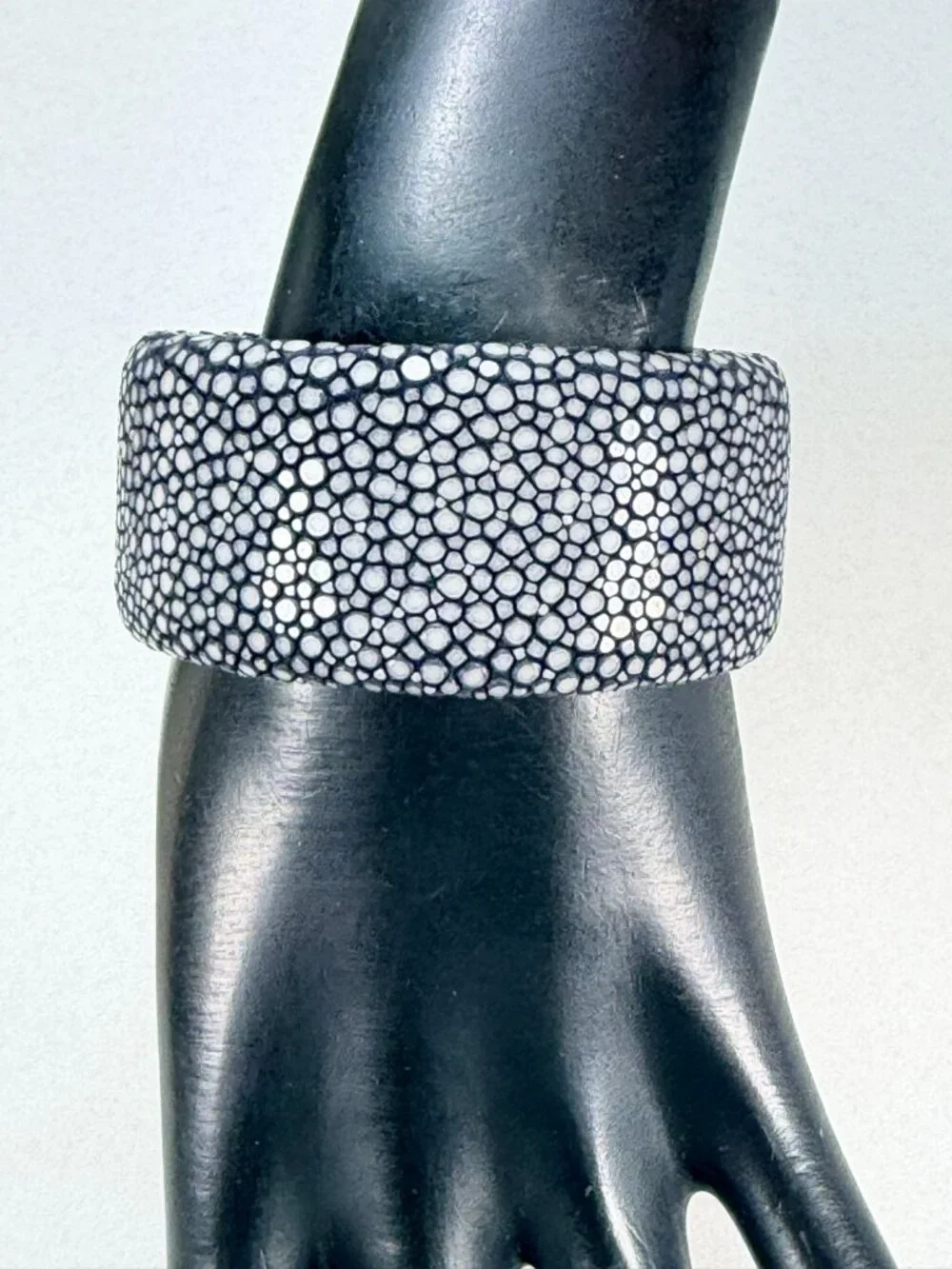 Vintage Genuine Stingray Shagreen Leather Wide Cuff Bracelet Black Unisex
